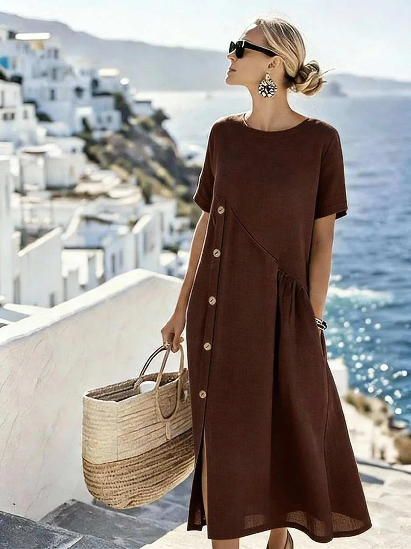 Round Neck Diagonal Button Side Slit Linen Midi Dress