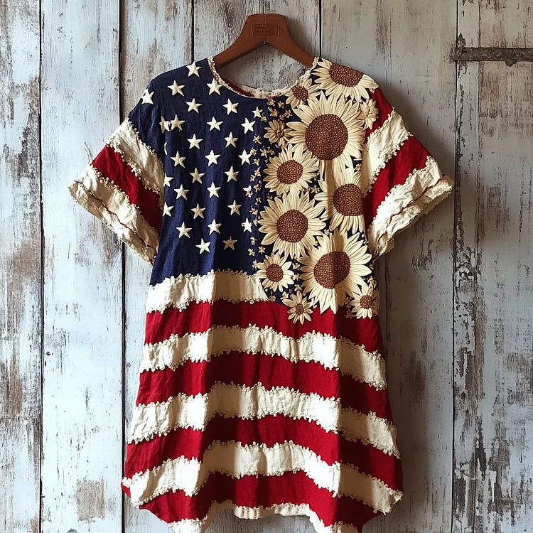 Independence Day Flag Sunflower Art Women's Linen T-shirt