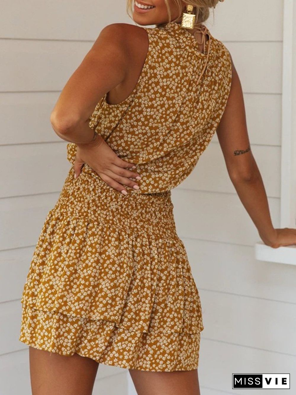 V-neck sleeveless print tie mini dress P16331