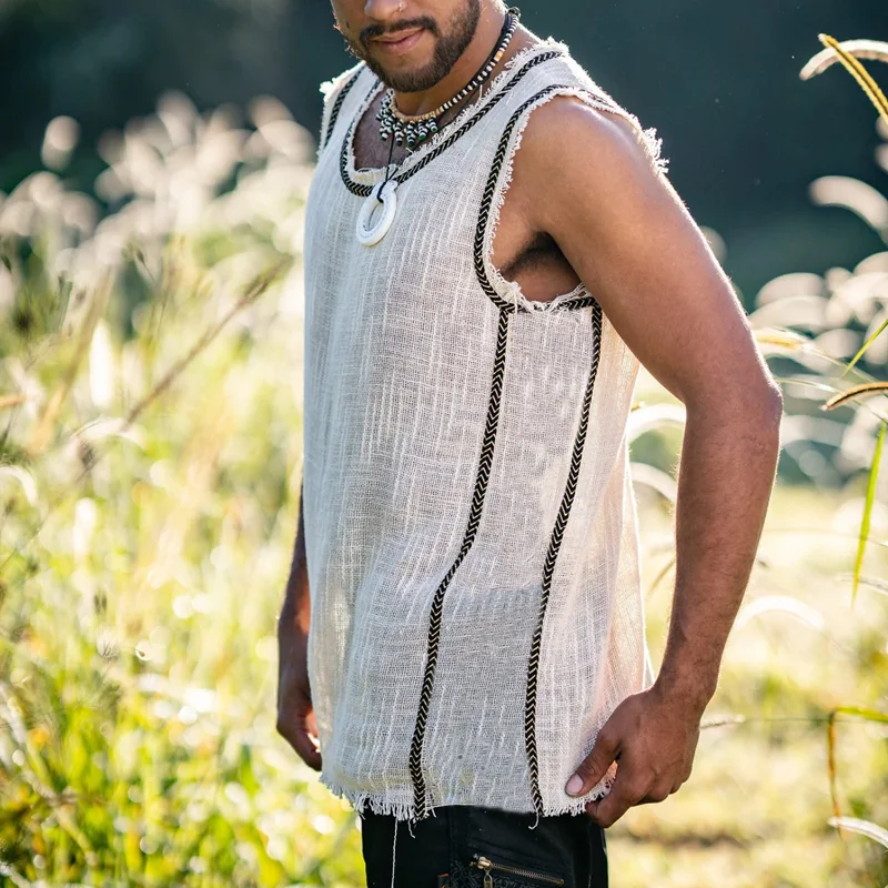 Men's Cotton And Linen Frayed Sleeveless Shirt