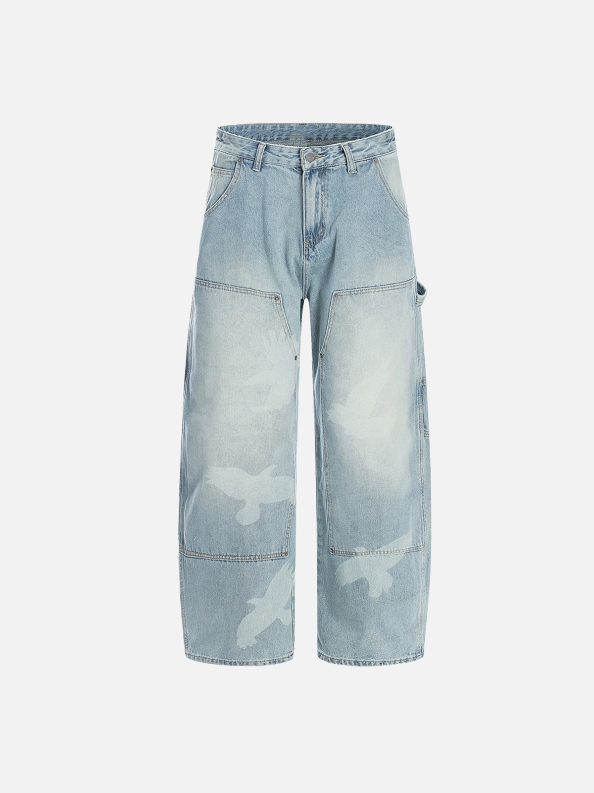 Blue Deconstructed Flying Bird Print Baggy Jeans Front