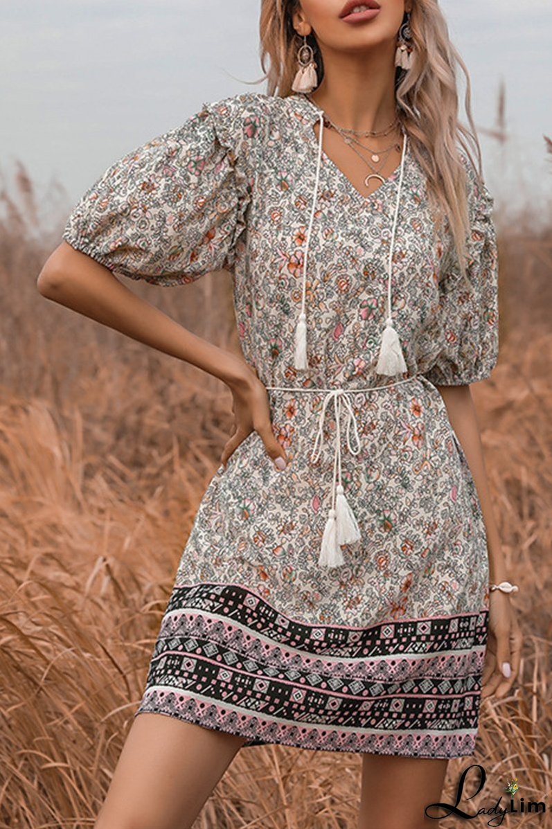 Elegant Floral Tassel Frenulum V Neck A Line Dresses