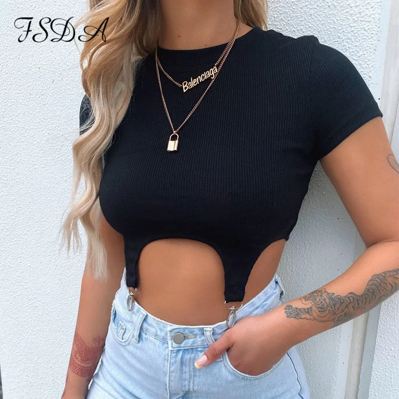 FSDA 2021 Knit Casual White Crop Top Short Sleeve Basic Summer T Shirt Black Sexy Ribber Design Women Top Shirts