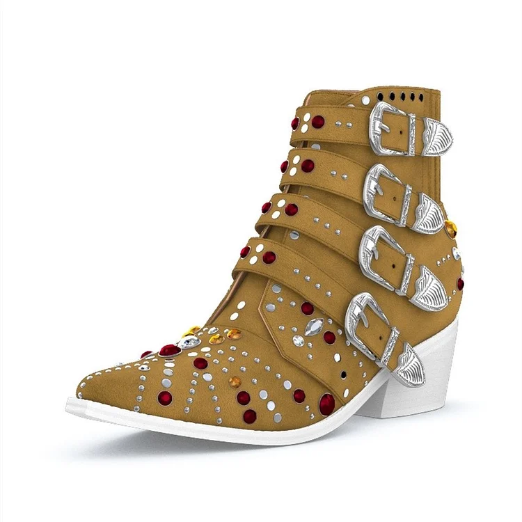 Tan Buckles Rhinestone Studs Fashion Boots Block Heel Ankle Boots |FSJ Shoes