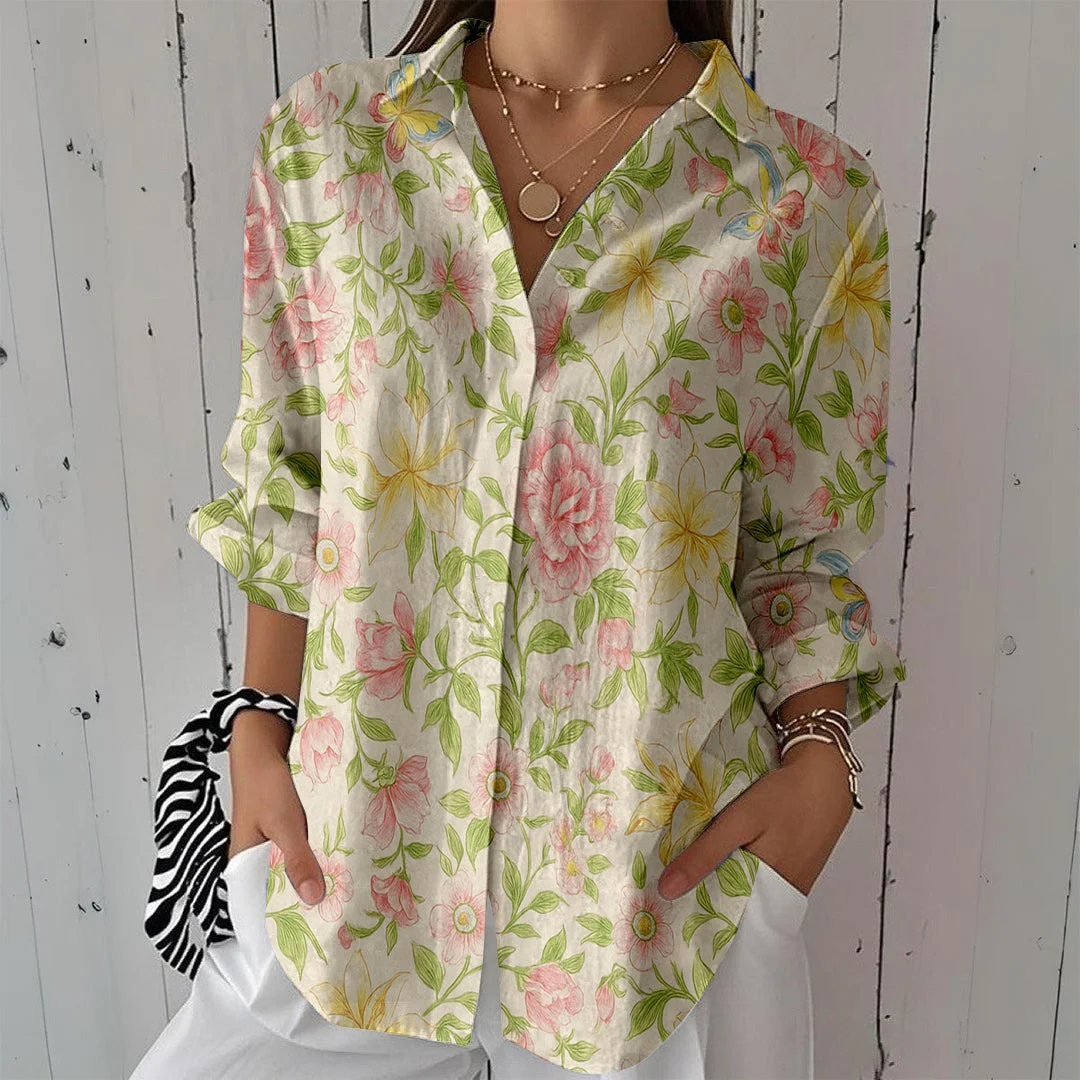 Style & Comfort for Mature Women Women Floral, Pink, Green DZCL0476 3/4 Sleeve Shirt Collar Printed Button Tops