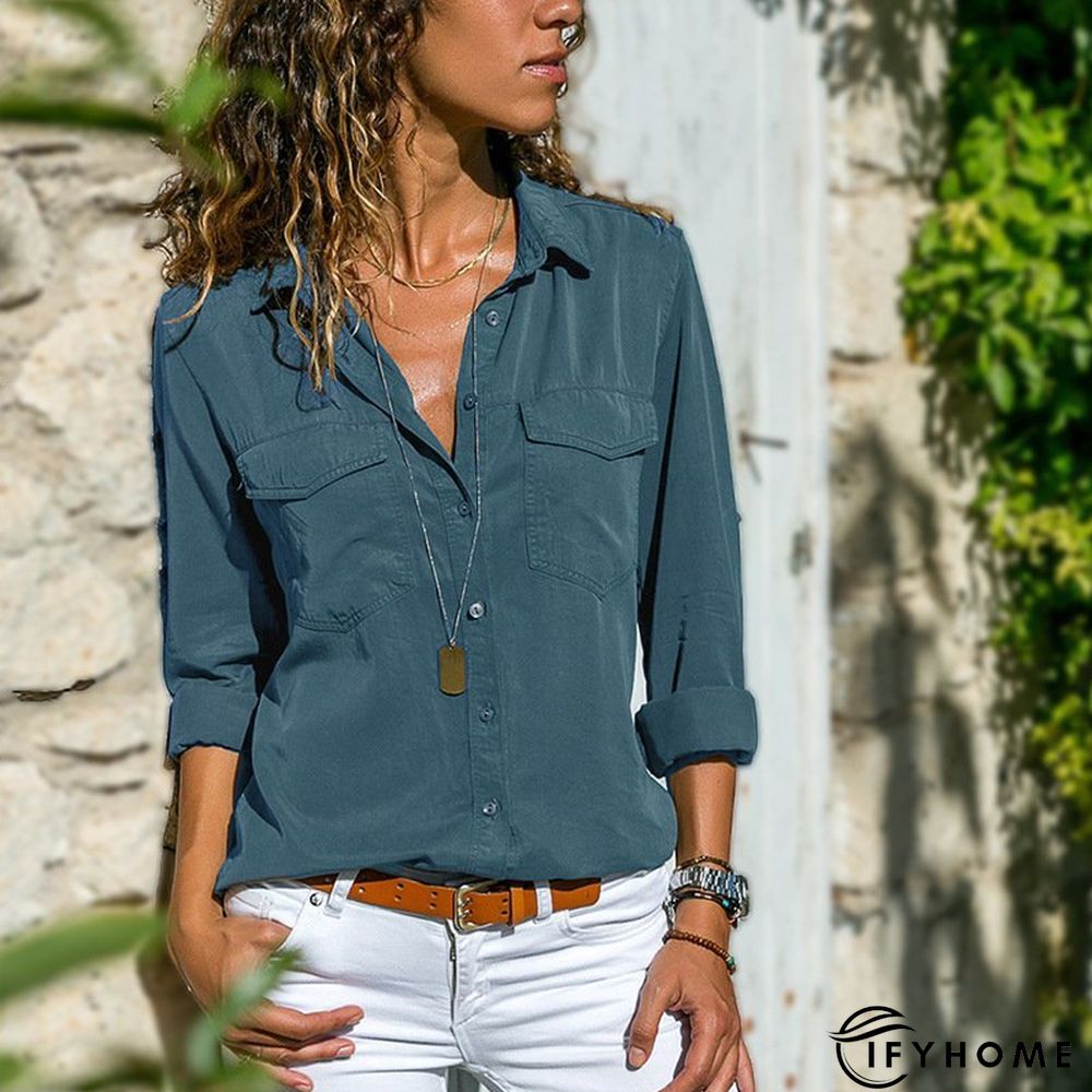 Women Fashion Turn Down Collar Solid  V Neck Long Sleeve Blouse | IFYHOME