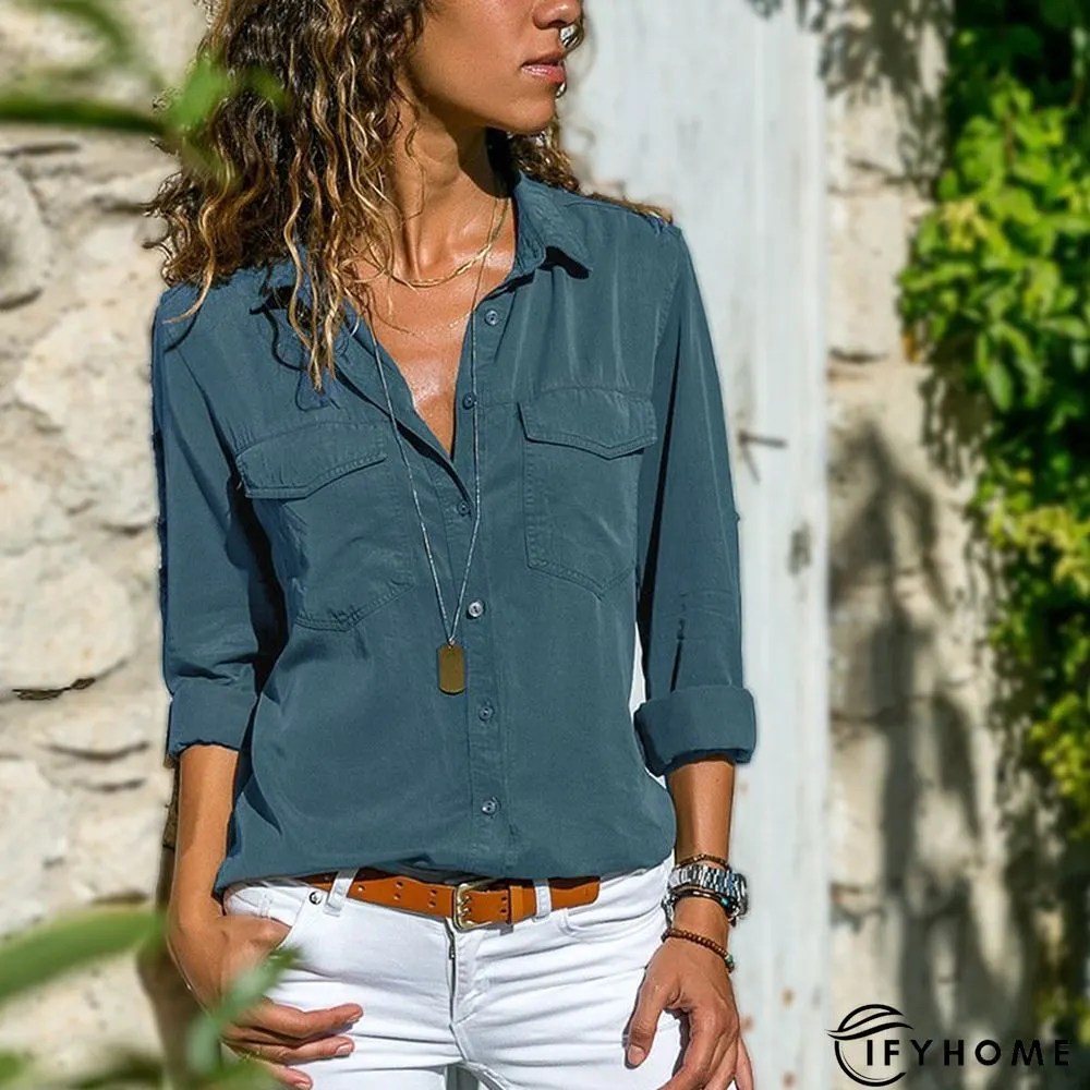 Women Fashion Turn Down Collar Solid  V Neck Long Sleeve Blouse | IFYHOME