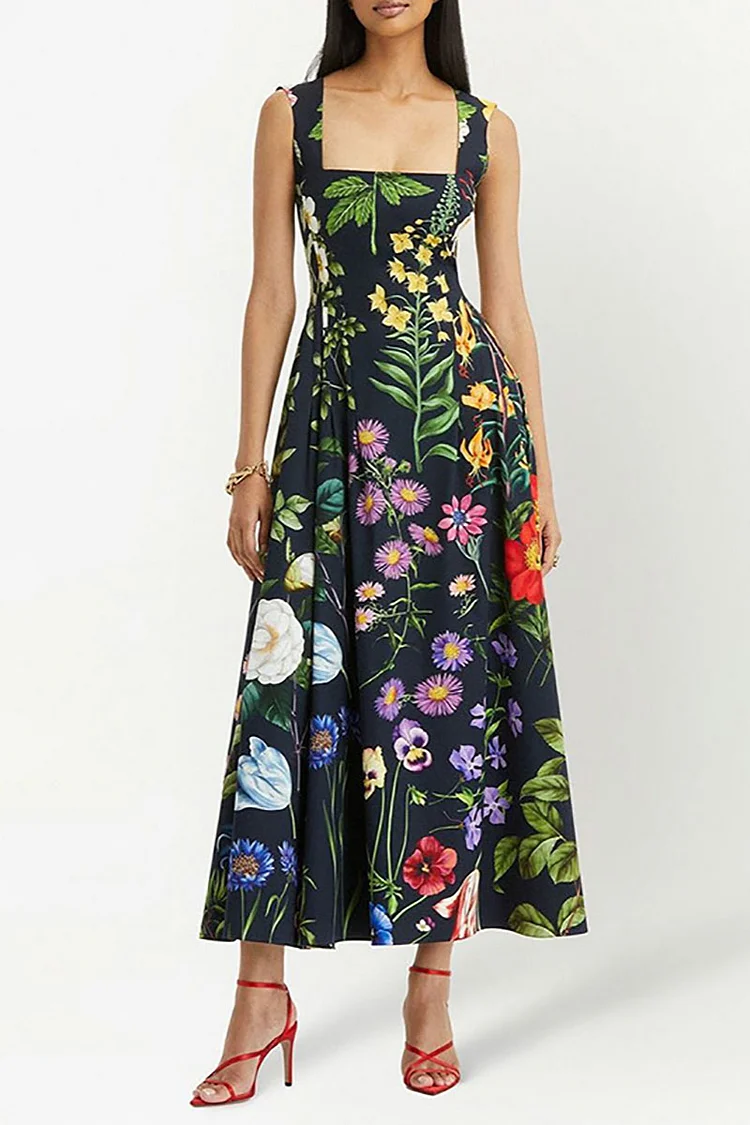 Floral Print Square Neck Sleevelss Elegant A-Line Midi Dresses