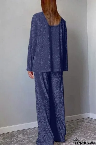 Open Front Collared Neck Top and Pants Set