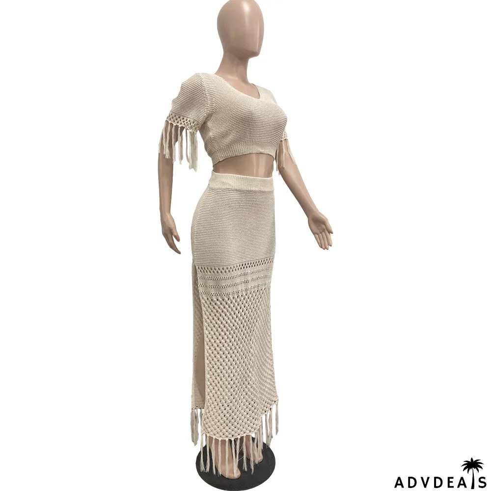 Ladies Casual Sexy Split Woolen Crochet Knitting Tassel Two-Piece Set