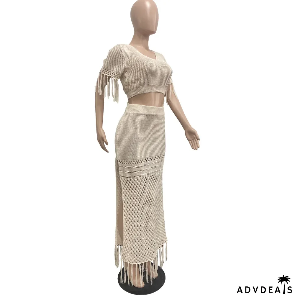 Ladies Casual Sexy Split Woolen Crochet Knitting Tassel Two-Piece Set