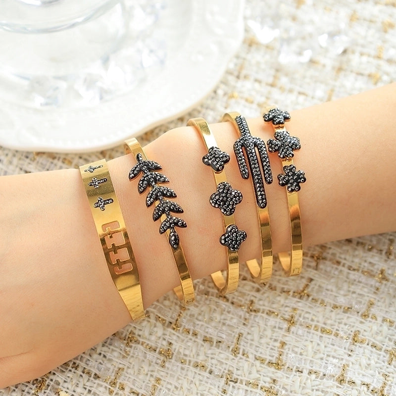 Elegant Streetwear Commute Cactus Cross Flower 304 Stainless Steel 14K Gold Plated Zircon Bangle In Bulk