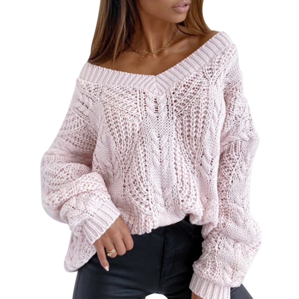 Autumn New Casual Solid V Neck Winter Vintage Knitted Sweater