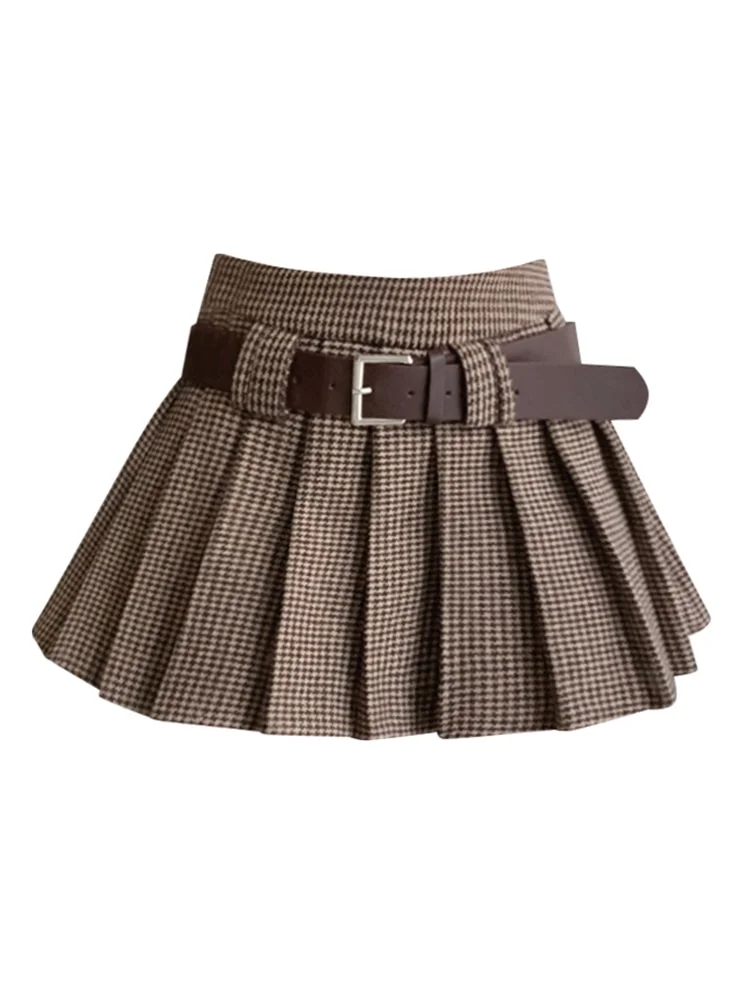 Woherb Women Vintage Mini High Waist A-line JK Pleated Skirt With Belt Japanese Fashion Gyaru 2000s Fairy Tide Y2k Streetwear