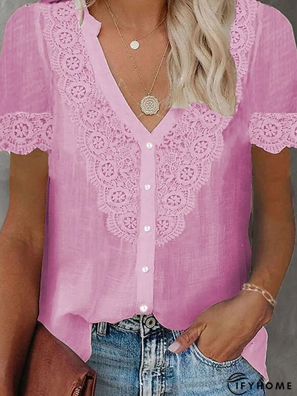 Womens Shirt Blouse Black White Pink Plain Lace Patchwork Short Sleeve Daily Weekend | IFYHOME
