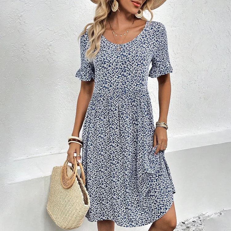 Trendy Blue Round Neck Mini Dress