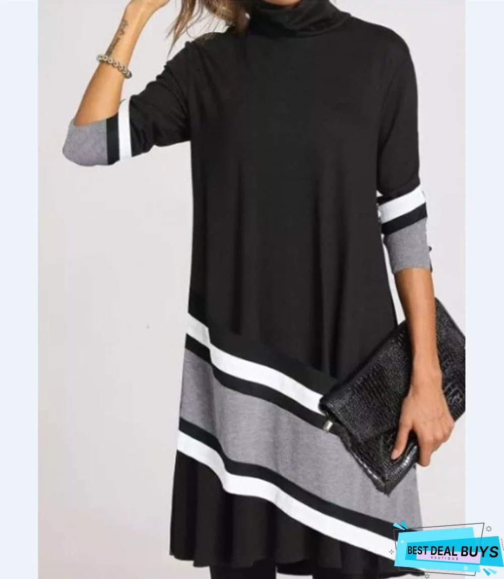 Printed Half-Turtleneck Long Sleeve Dress Black Dresses