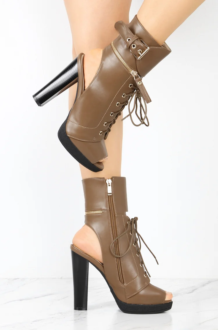 Brown Chunky Heel Boots Vintage Lace Up Peep Toe Platform Ankle