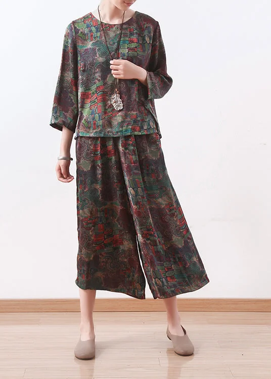 New Green Floral Chiffon Two Pieces O Neck Casual Tops With Women Loose Wide-leg Pants