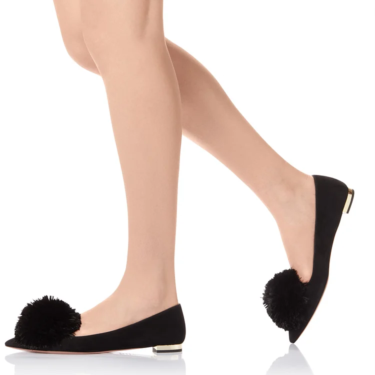 Women's Black Pointy Toe Flats with Fur Ball |FSJ Shoes