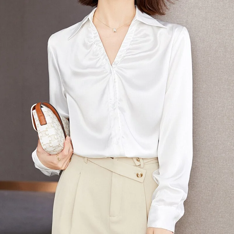 Folded V-neck Satin Elegant Blouse Women Simple Loose Solid Shirt Long Sleeve Thin Gentle Retro All-match Blouse Blusones 16693