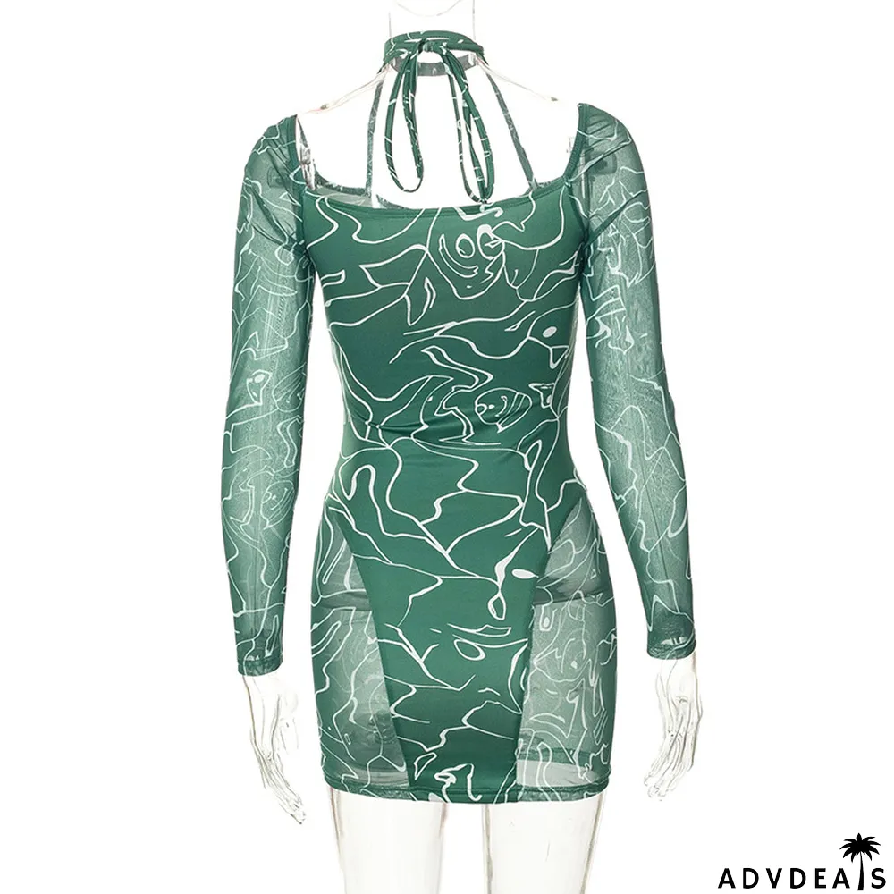 Women Fall Halter Neck Long Sleeve Tie Print Bodycon Dress