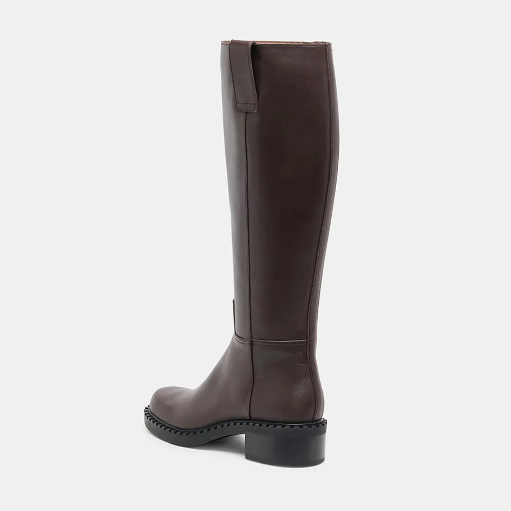 Women's Classic Brown Round Toe Low Block Heel Zipper Tall Boots