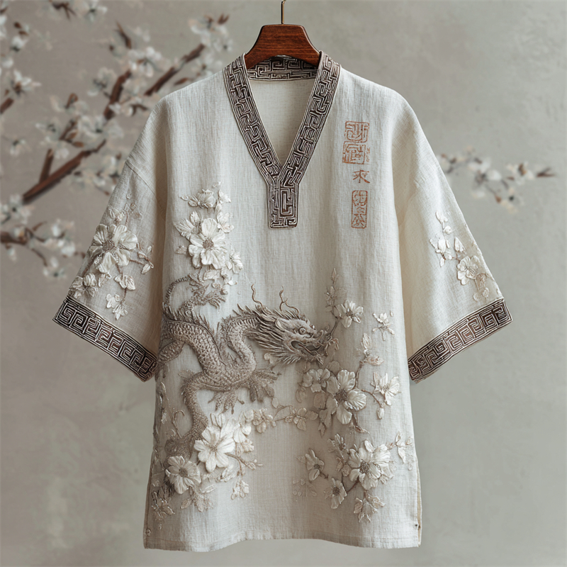Japanese Dragon & White Almond Blossom Linen Shirt elevenforest