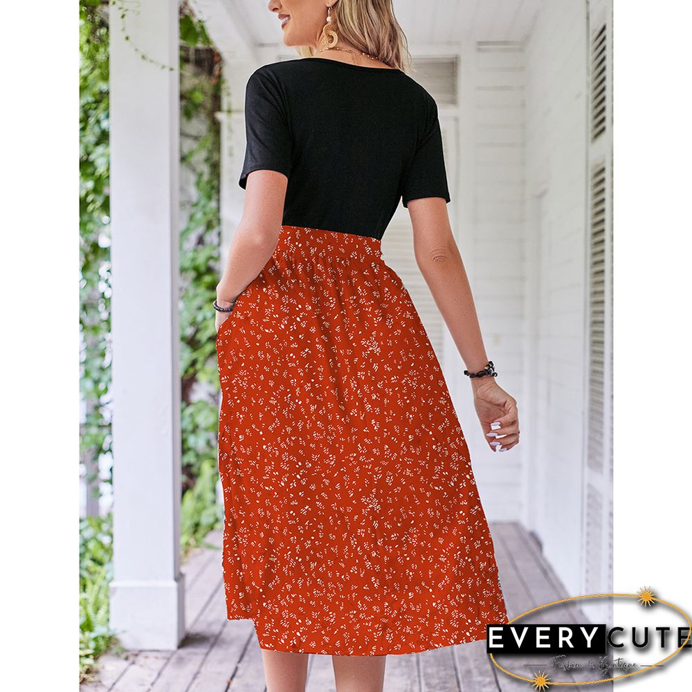 Orange Floral Print Spliced Short Sleeve Dress