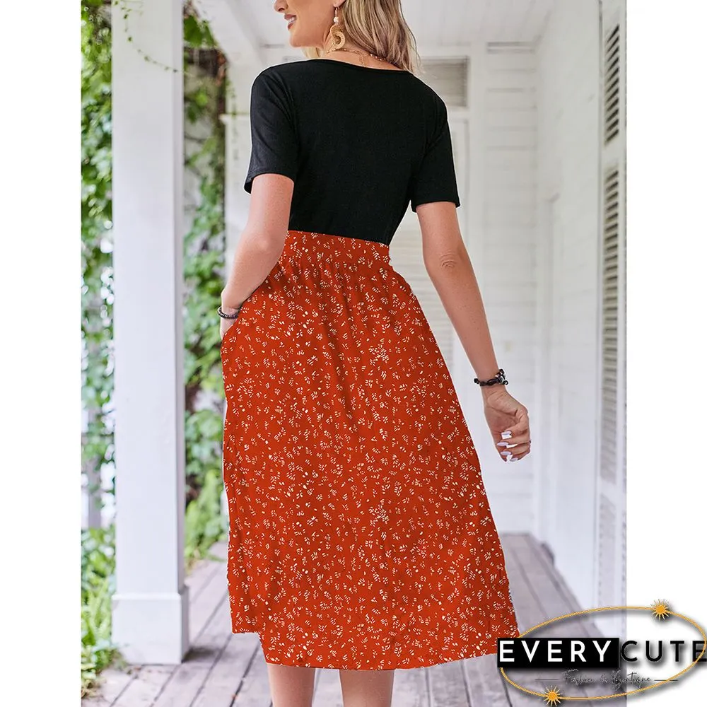 Orange Floral Print Spliced Short Sleeve Dress