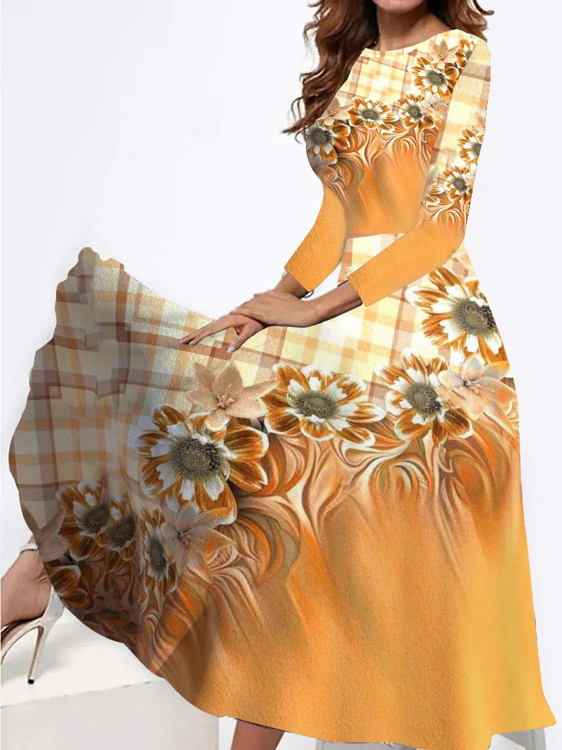 Women's Long Sleeve Scoop Neck Plaid Floral Printed Midi Dress