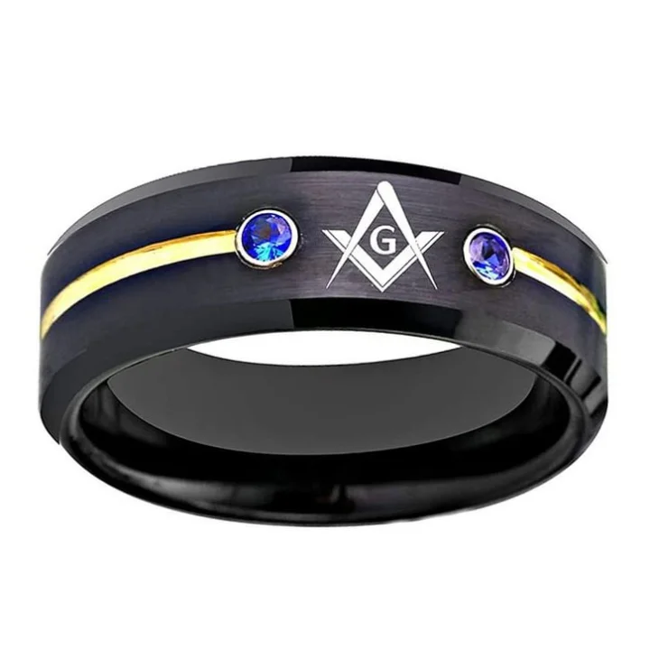 6MM 8MM 10MM Masonic Compass Tungsten Carbide With Gold Red Groove And Blue Cubic Zirconia Inlay Men's Wedding Bands