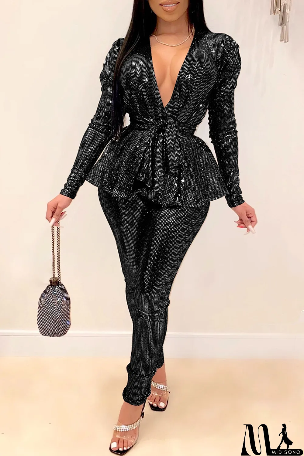 MidiSono - Black Fashion Slim Long-Sleeve V-Neck Two-Piece Set