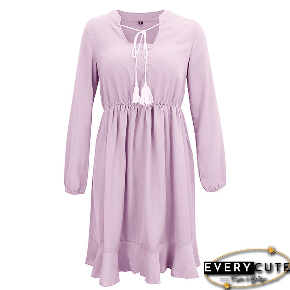 Light Purple Lace Up Long Sleeve Casual Dress