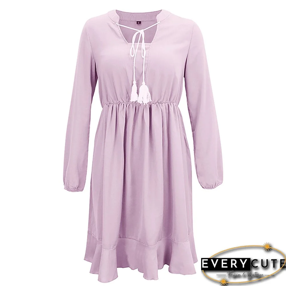 Light Purple Lace Up Long Sleeve Casual Dress