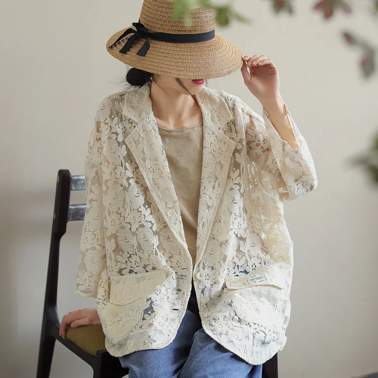 Loose Lace Embroidered Suit Collar Casual Slim Coat