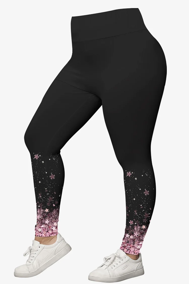 Flycurvy Plus Size Casual Black Ombre Sakura Print Legging  Flycurvy [product_label]