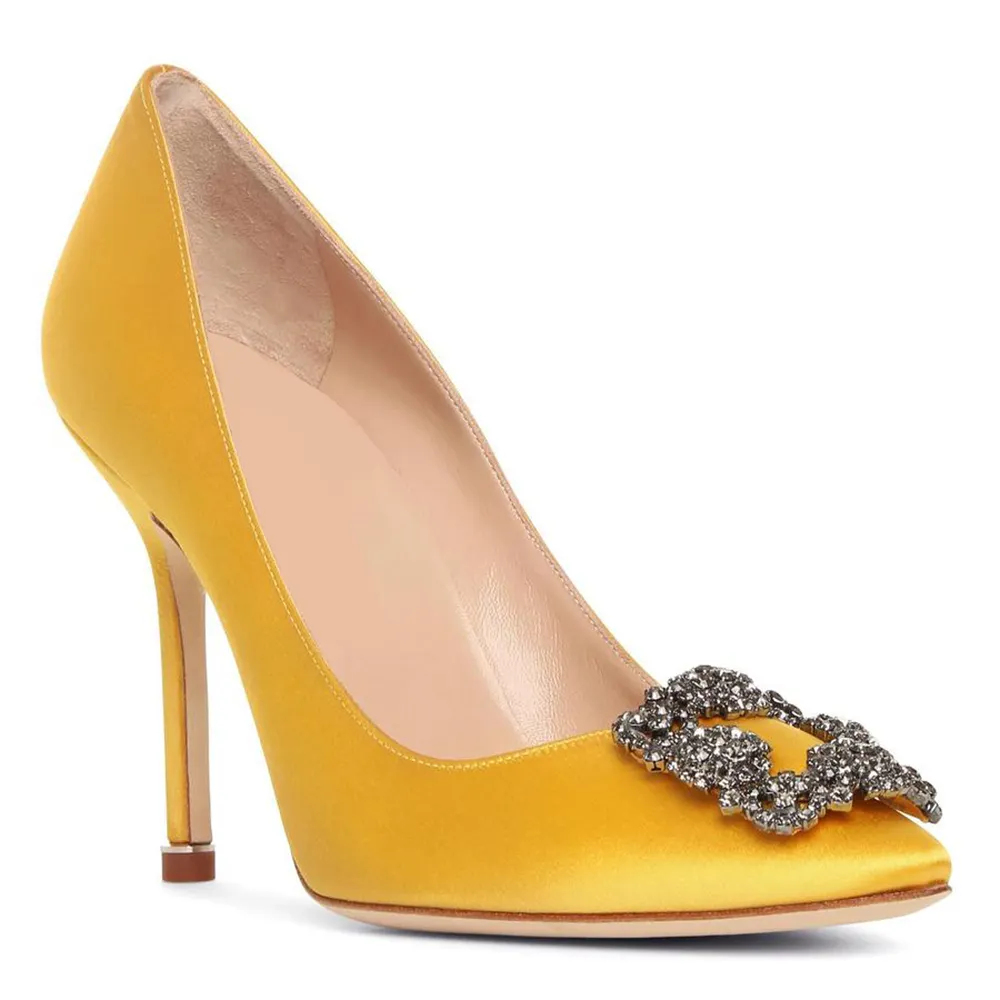 100mm Women's Slik Shoes Diamond Party Wedding Yellow Pumps-vocosishoes