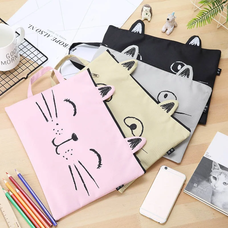 1pcs Kawaii Document Bag Cute Cat A4 Canvas Bag Briefcase Paper Stationary Paper Organizer Bag teacher bag paper organizer