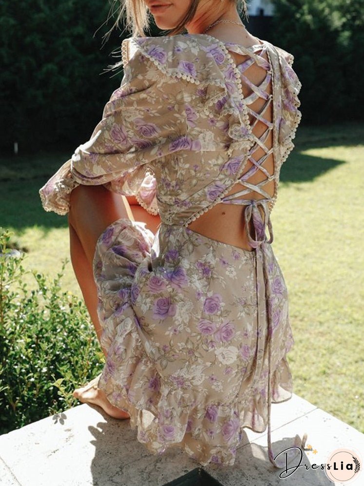 Dresses Printed V-Neck Long-Sleeve Open-Back Lace-Up Dress for Women
