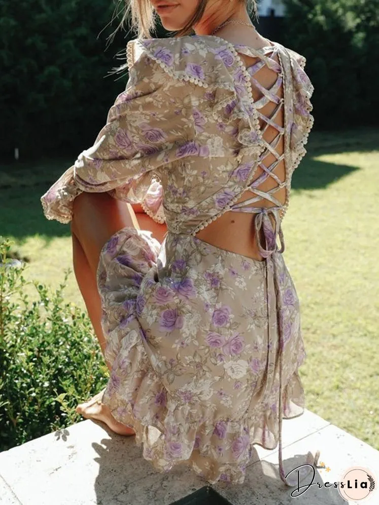 Dresses Printed V-Neck Long-Sleeve Open-Back Lace-Up Dress for Women