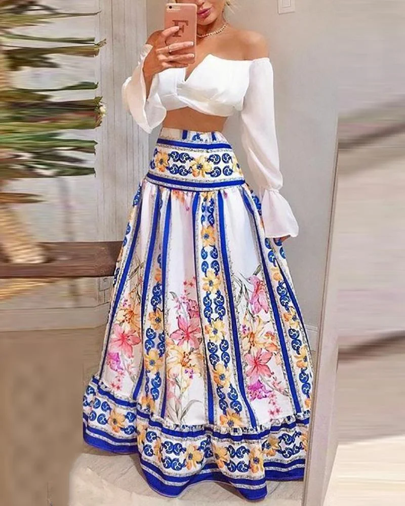 Off Shoulder Notched Flared Sleeve Chics Crop Top & Floral Print Maxi Skirt Set