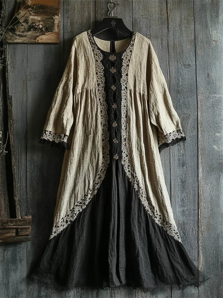 Vintage Lace Hem Contrast Linen Maxi Dress