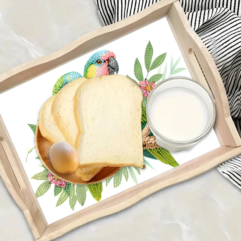 5D DIY Flower Parrot Diamond Painting Wooden Serving Tray with Handle for Desk