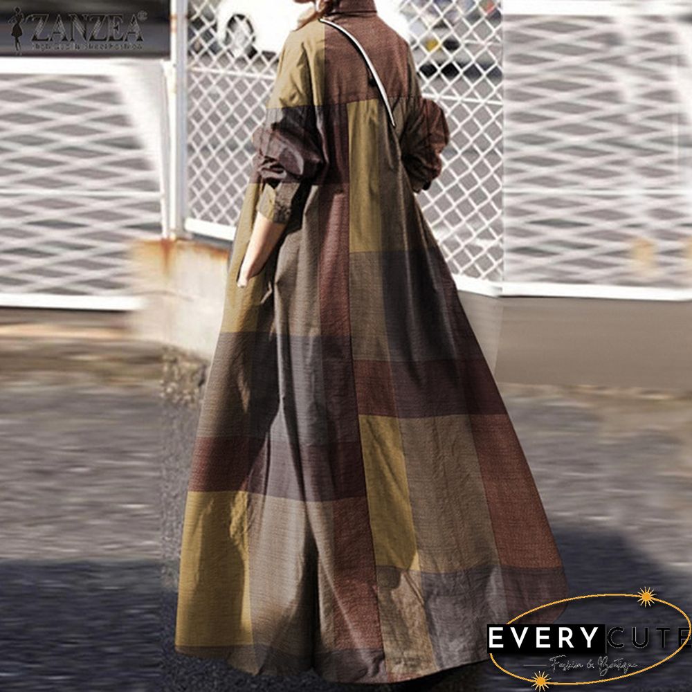 Women Kaftan Full Sleeve Length Oversize Ladies Casual Plaid Check Maxi Shirt Dress Plus Size