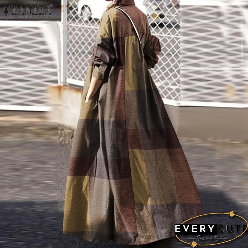 Women Kaftan Full Sleeve Length Oversize Ladies Casual Plaid Check Maxi Shirt Dress Plus Size
