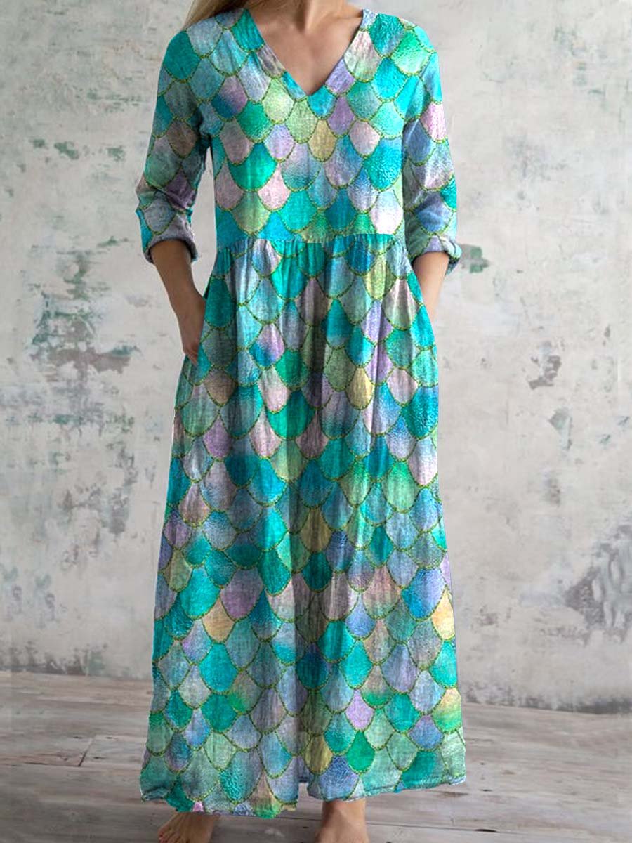 Women's V-neck Underwater World Sparkling Print Dress With Pockets