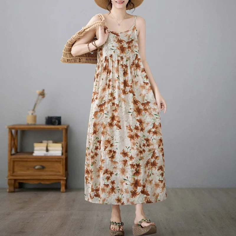 Uveng Uveng Art Cotton Sleeveless Print Sling Dress Girl Sweet Fat MM Loose Thin Swollen Swollen Dress