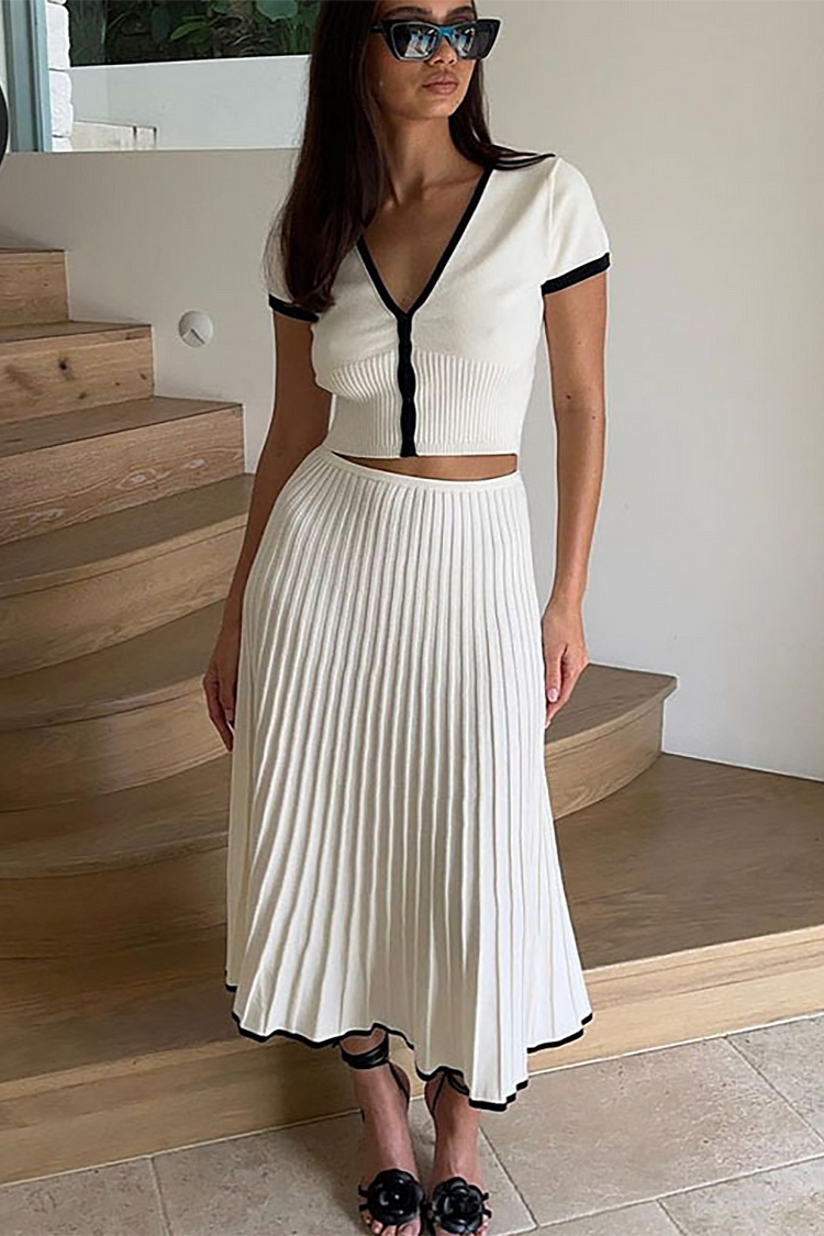 Knit Colorblock Trim V Neck Crop Top Pleated Midi Skirt Matching Set-White