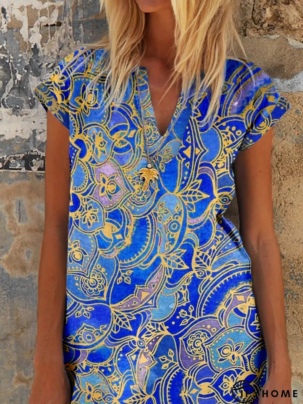 Summer Leisure Holiday Style Printing Paisley V Neck Short Sleeve Casual Weaving Dress | IFYHOME